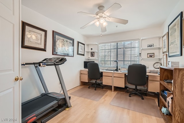 office with light hardwood / wood-style flooring and ceiling fan