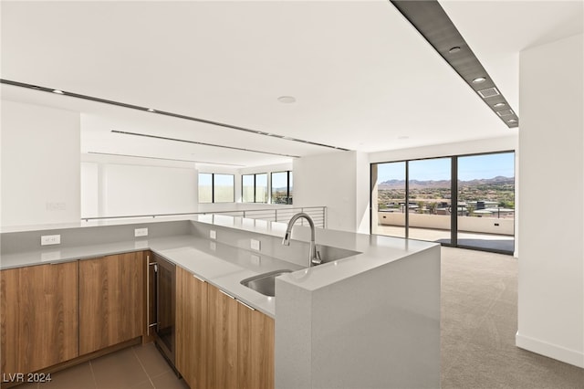 kitchen with light colored carpet, kitchen peninsula, white cabinetry, and sink