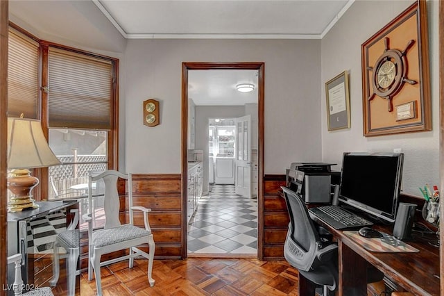 office featuring parquet floors and crown molding