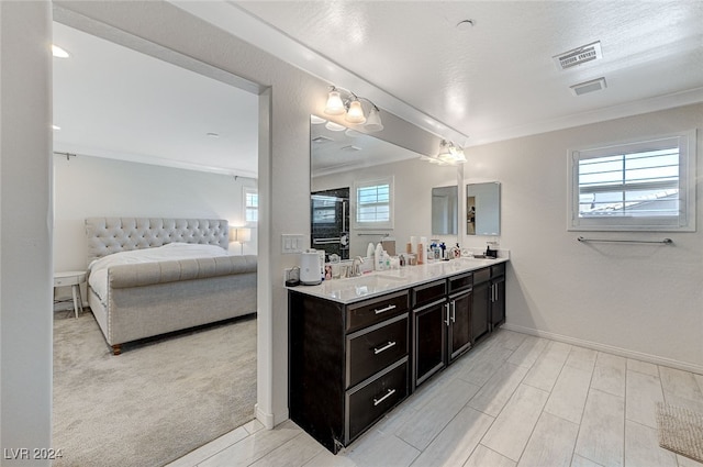 bathroom with vanity, crown molding, and a healthy amount of sunlight