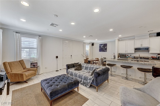 living room with sink and crown molding