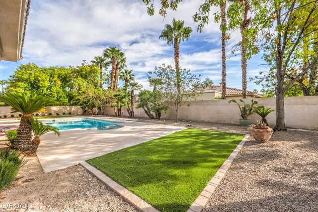 view of pool featuring a patio and a lawn