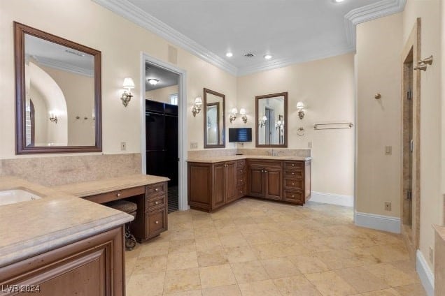 bathroom with vanity and ornamental molding