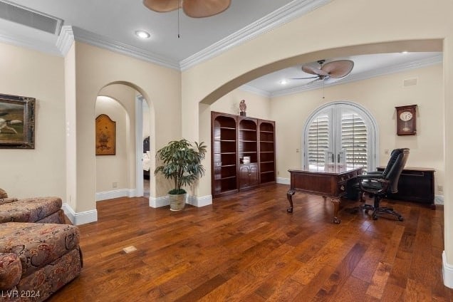 office area with ornamental molding, dark hardwood / wood-style flooring, and ceiling fan