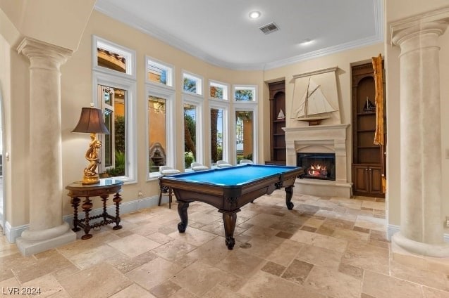 playroom featuring ornate columns, billiards, and crown molding