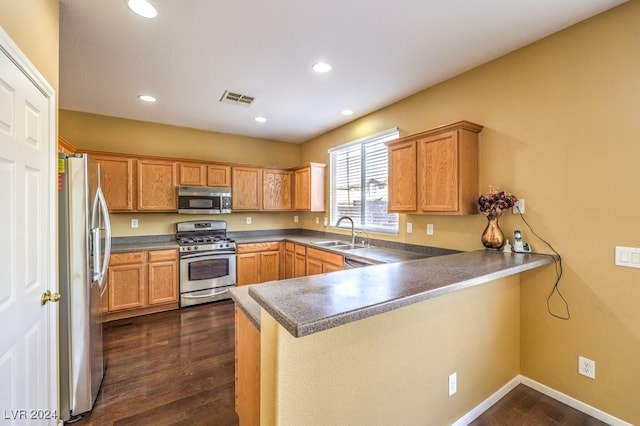 kitchen with kitchen peninsula, appliances with stainless steel finishes, dark hardwood / wood-style floors, and sink