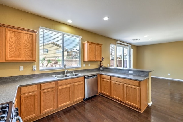 kitchen with kitchen peninsula, dark hardwood / wood-style floors, stainless steel appliances, and plenty of natural light