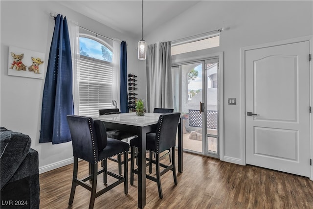 dining room with vaulted ceiling and dark hardwood / wood-style flooring