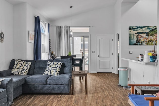 living room featuring hardwood / wood-style flooring and lofted ceiling