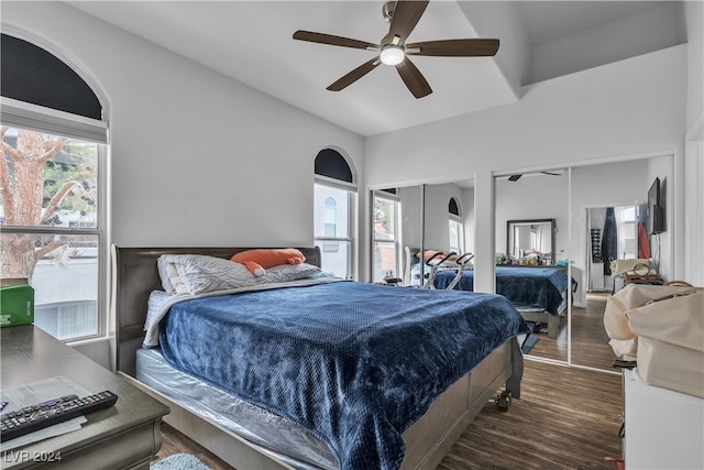 bedroom with dark wood-type flooring and ceiling fan