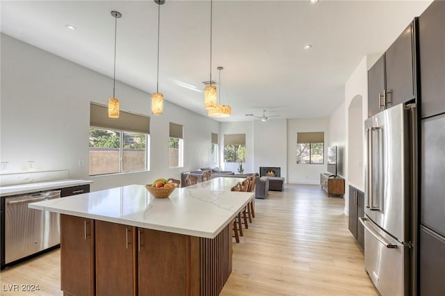 kitchen featuring pendant lighting, plenty of natural light, light hardwood / wood-style flooring, and appliances with stainless steel finishes