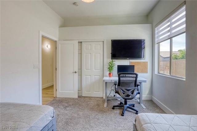 bedroom with light carpet and a closet