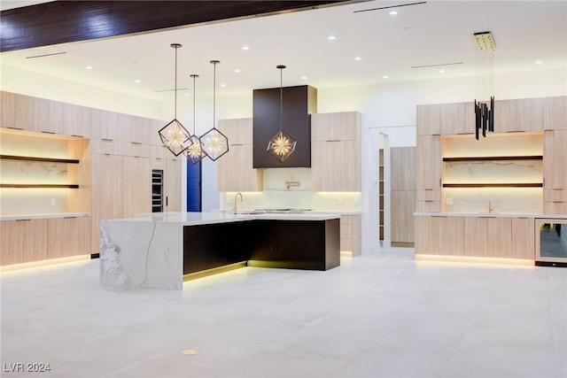 kitchen featuring open shelves, a spacious island, modern cabinets, and pendant lighting