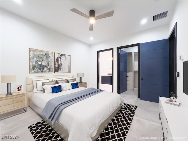 bedroom featuring a ceiling fan, recessed lighting, and visible vents