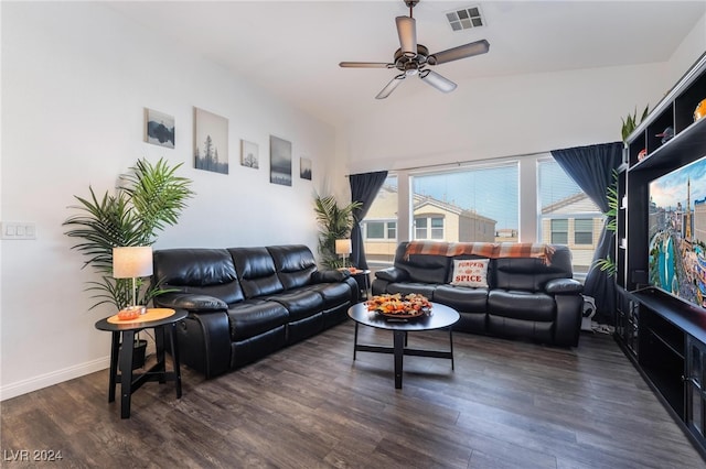 living room featuring dark wood-type flooring, lofted ceiling, and ceiling fan