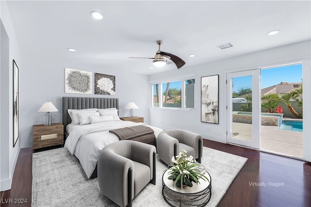 bedroom with wood-type flooring, access to outside, and ceiling fan