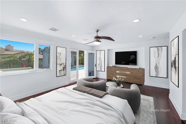 bedroom featuring access to outside, dark hardwood / wood-style flooring, and ceiling fan