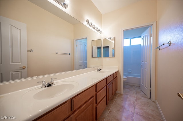 full bathroom featuring vanity, independent shower and bath, toilet, and tile patterned flooring