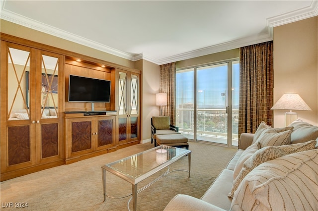 carpeted living room with french doors and crown molding