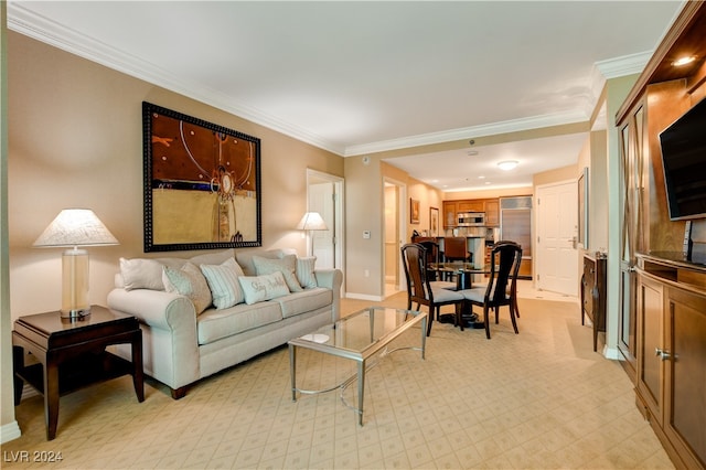 living room with ornamental molding