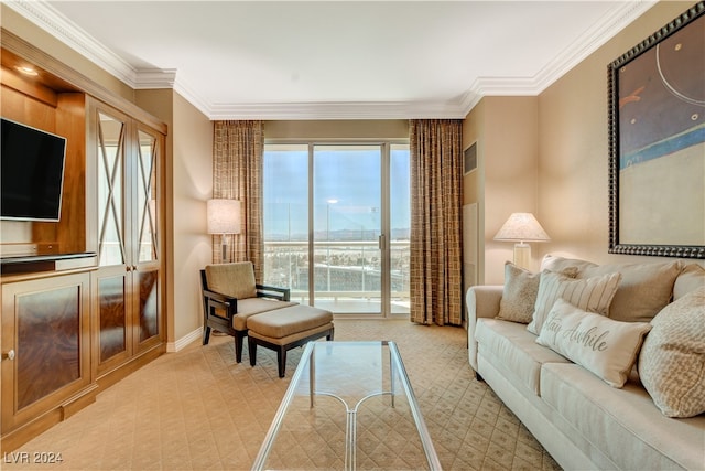 living room featuring crown molding