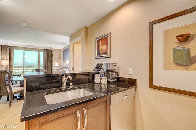 kitchen with light brown cabinetry, dishwasher, and sink