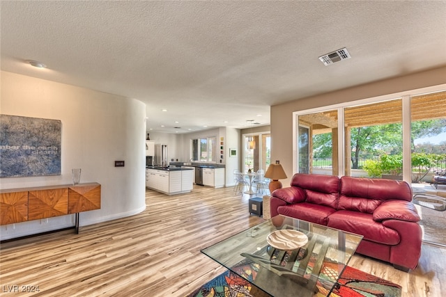 living room featuring light wood-type flooring and a textured ceiling