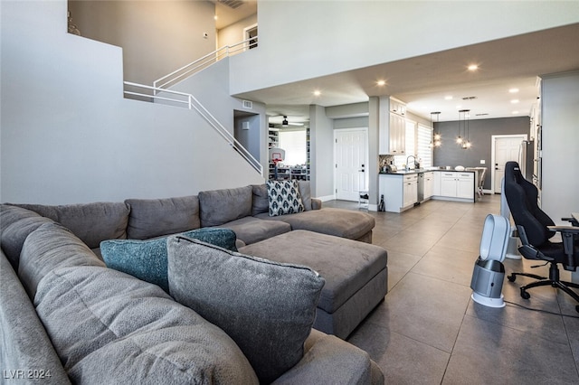 living room with ceiling fan