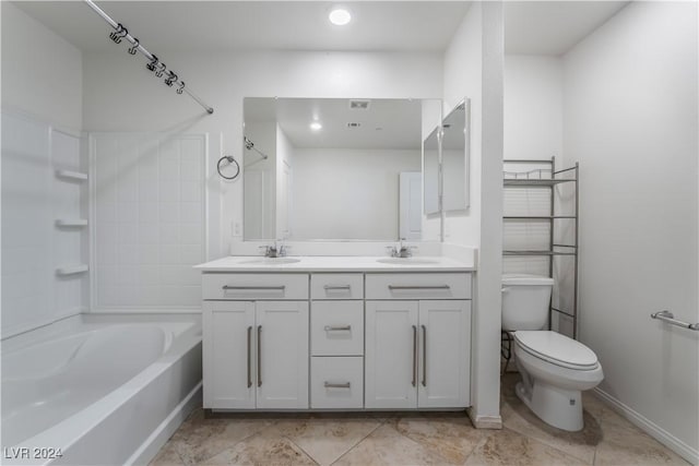 bathroom featuring shower / bathtub combination, a sink, toilet, and double vanity