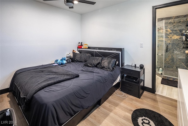 bedroom with wood-type flooring and ceiling fan