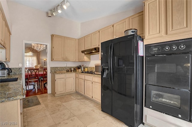 kitchen featuring rail lighting, vaulted ceiling, light stone countertops, black appliances, and light brown cabinetry