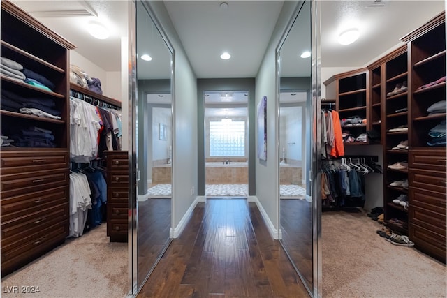 spacious closet with dark hardwood / wood-style flooring