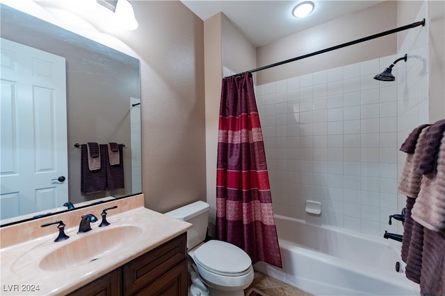 full bathroom with tile patterned flooring, vanity, toilet, and shower / bath combination with curtain