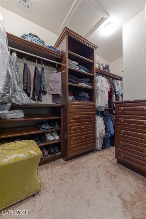 walk in closet featuring light carpet