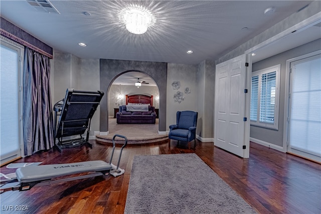 interior space with ceiling fan with notable chandelier, dark hardwood / wood-style floors, and a wealth of natural light