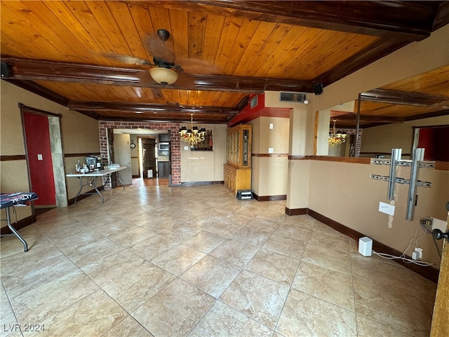 interior space featuring beamed ceiling, decorative light fixtures, light tile patterned flooring, and wooden ceiling