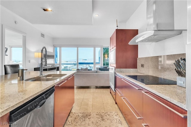 4471 Dean Martin Dr Unit 606, Las Vegas, NV 89103 - kitchen with extractor fan, stainless steel dishwasher, wall oven, black electric cooktop, and open floor plan