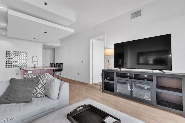 living room with wood-type flooring and sink