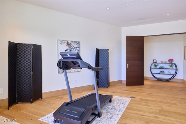 4915 Summit Overlook Dr, Las Vegas, NV 89135 - exercise area featuring light wood-style floors, baseboards, and recessed lighting