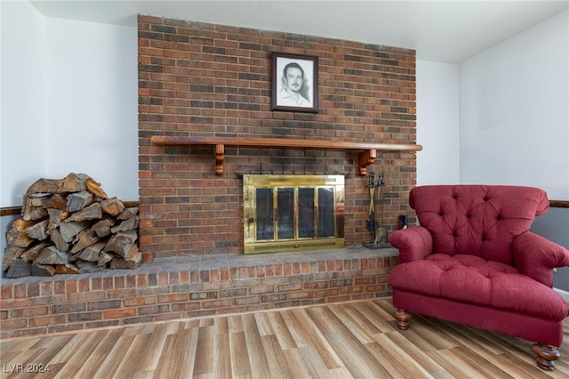 living room featuring wood-type flooring and a fireplace