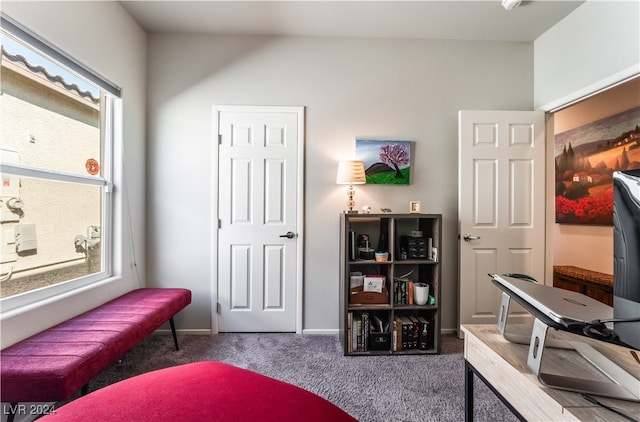 sitting room featuring dark colored carpet