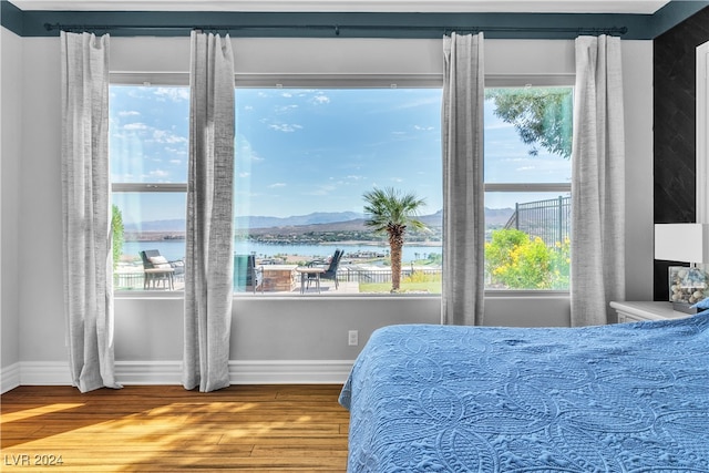 bedroom featuring a water view, multiple windows, and wood-type flooring