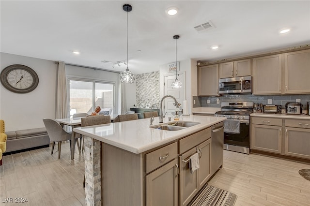 kitchen featuring hanging light fixtures, sink, tasteful backsplash, a kitchen island with sink, and stainless steel appliances