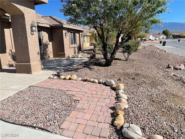 view of yard with a mountain view and a patio area