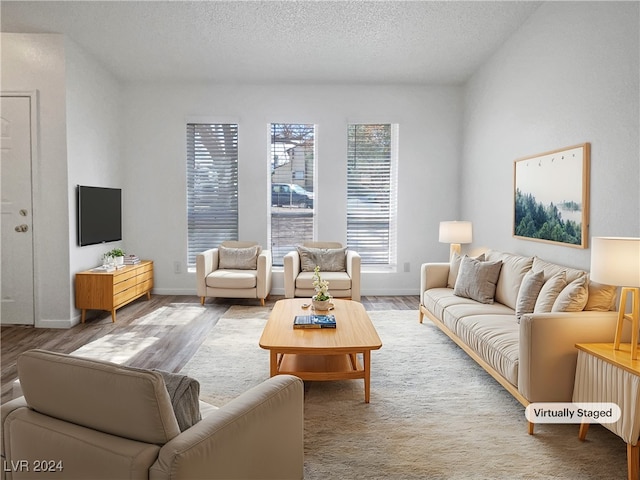 living room featuring hardwood / wood-style flooring and a textured ceiling