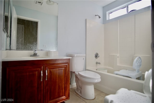 full bathroom featuring tile patterned floors, toilet, shower / bathtub combination, and vanity