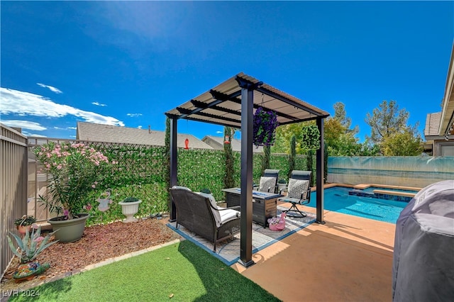 view of patio / terrace with a pergola and a pool with hot tub