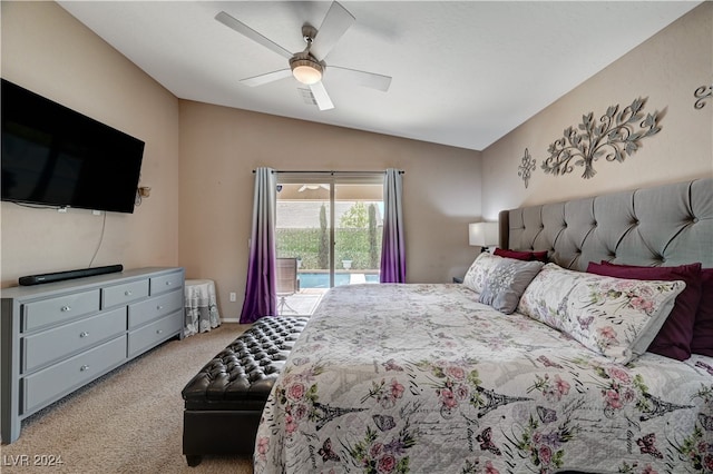 carpeted bedroom with lofted ceiling, access to outside, and ceiling fan