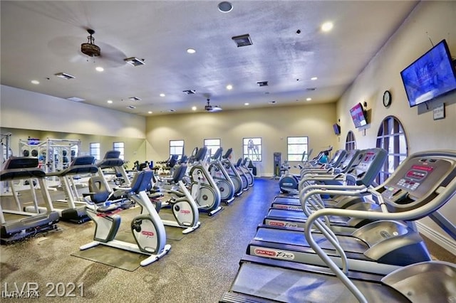 workout area featuring ceiling fan