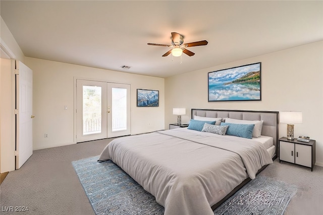 bedroom with access to exterior, carpet, french doors, and visible vents